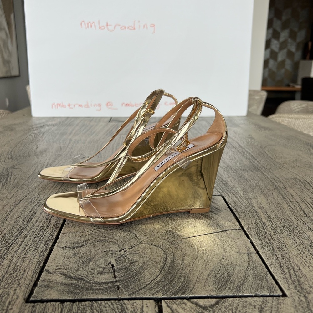 Aquazzura glossy gold metallic leather size 8M(38) strappy wedge heel sandals - Picture 2 of 16